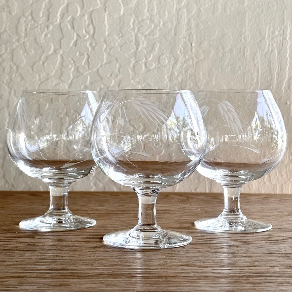 Etched Wheat Clear Glass Snifters for Cognac and Brandy Set of 3
